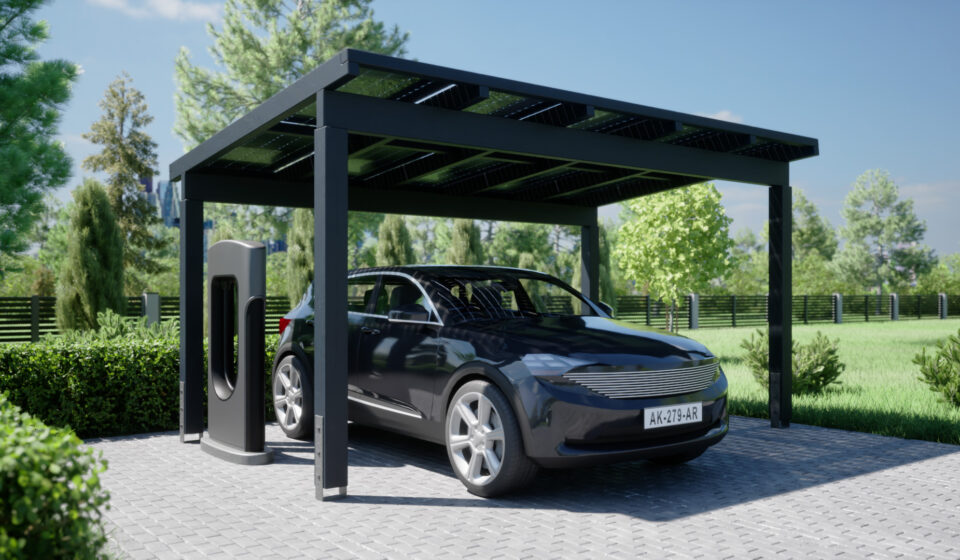 Solar-Carport aus Holz mit Ladestation
